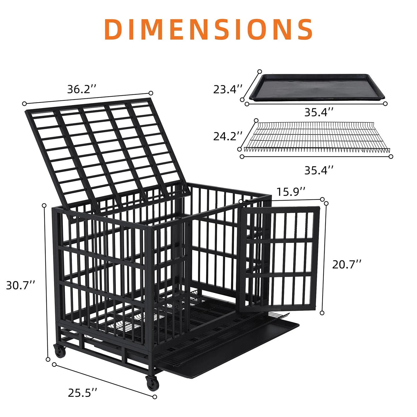 Walsunny 37/47 Inch Heavy Duty Steel Dog Crate for Large Dogs with Lockable Wheels and Double Door Design, Escape Proof, Indestructible, Black Enclosure