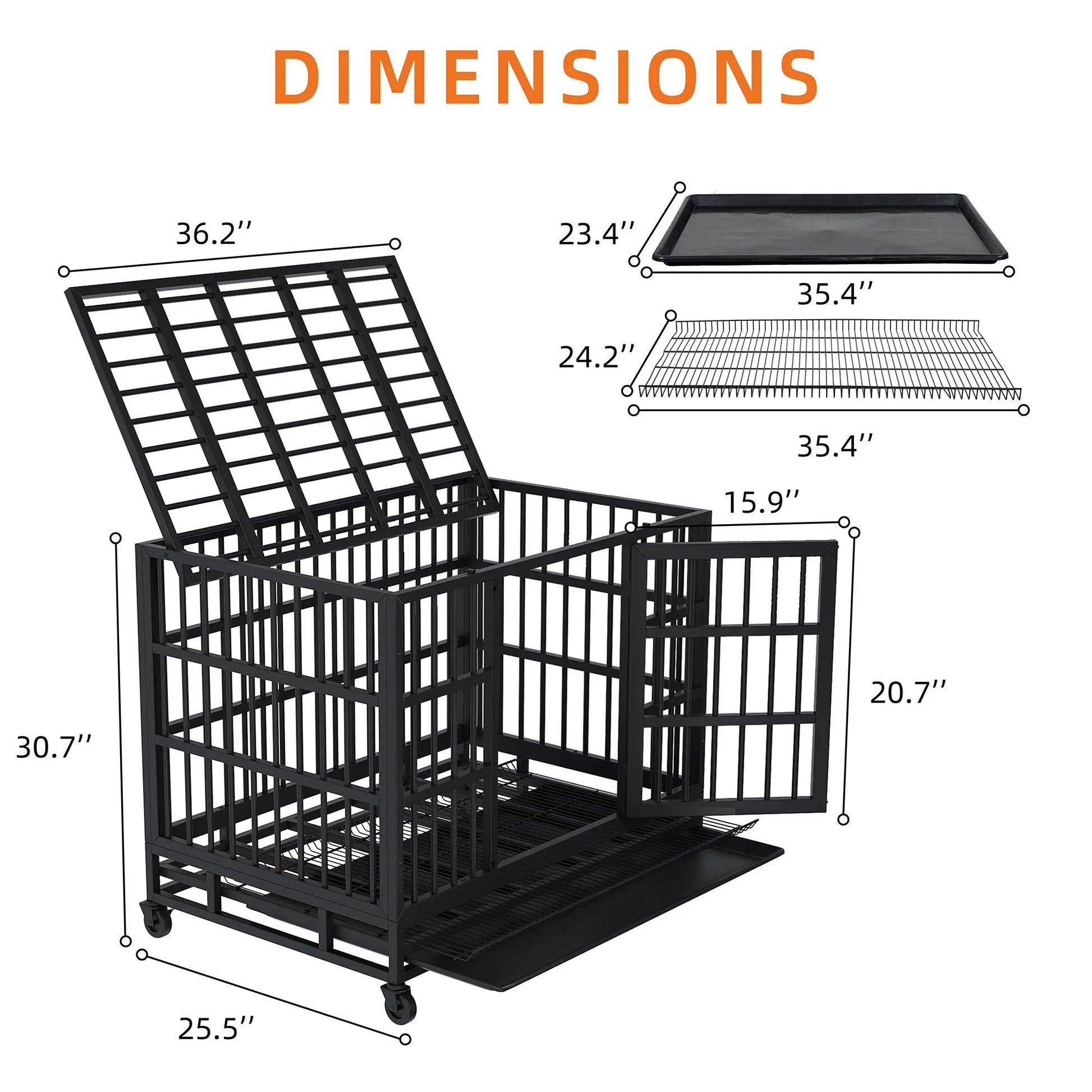 Walsunny 37/47 Inch Heavy Duty Steel Dog Crate for Large Dogs with Lockable Wheels and Double Door Design, Escape Proof, Indestructible, Black Enclosure
