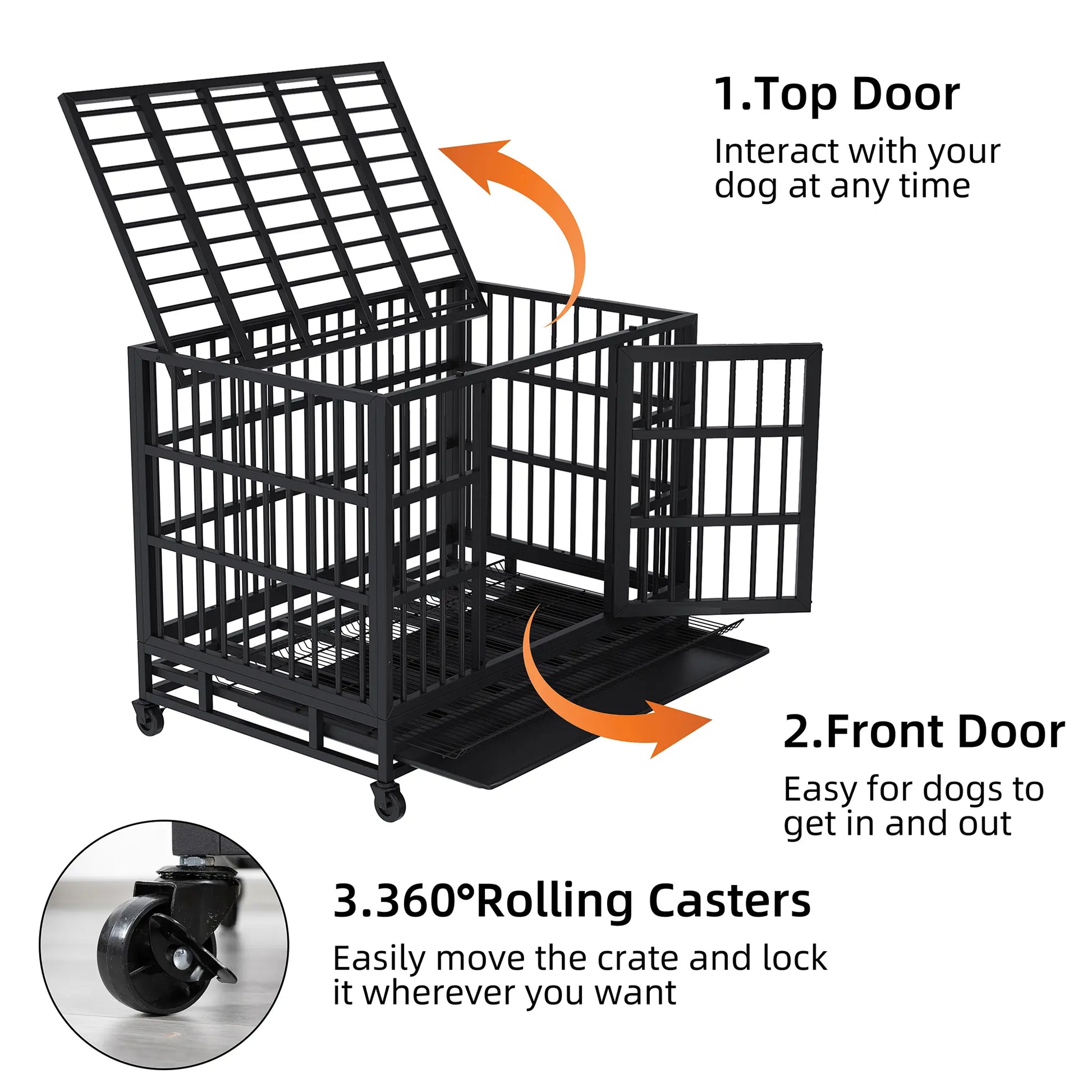 Walsunny 37/47 Inch Heavy Duty Steel Dog Crate for Large Dogs with Lockable Wheels and Double Door Design, Escape Proof, Indestructible, Black Enclosure