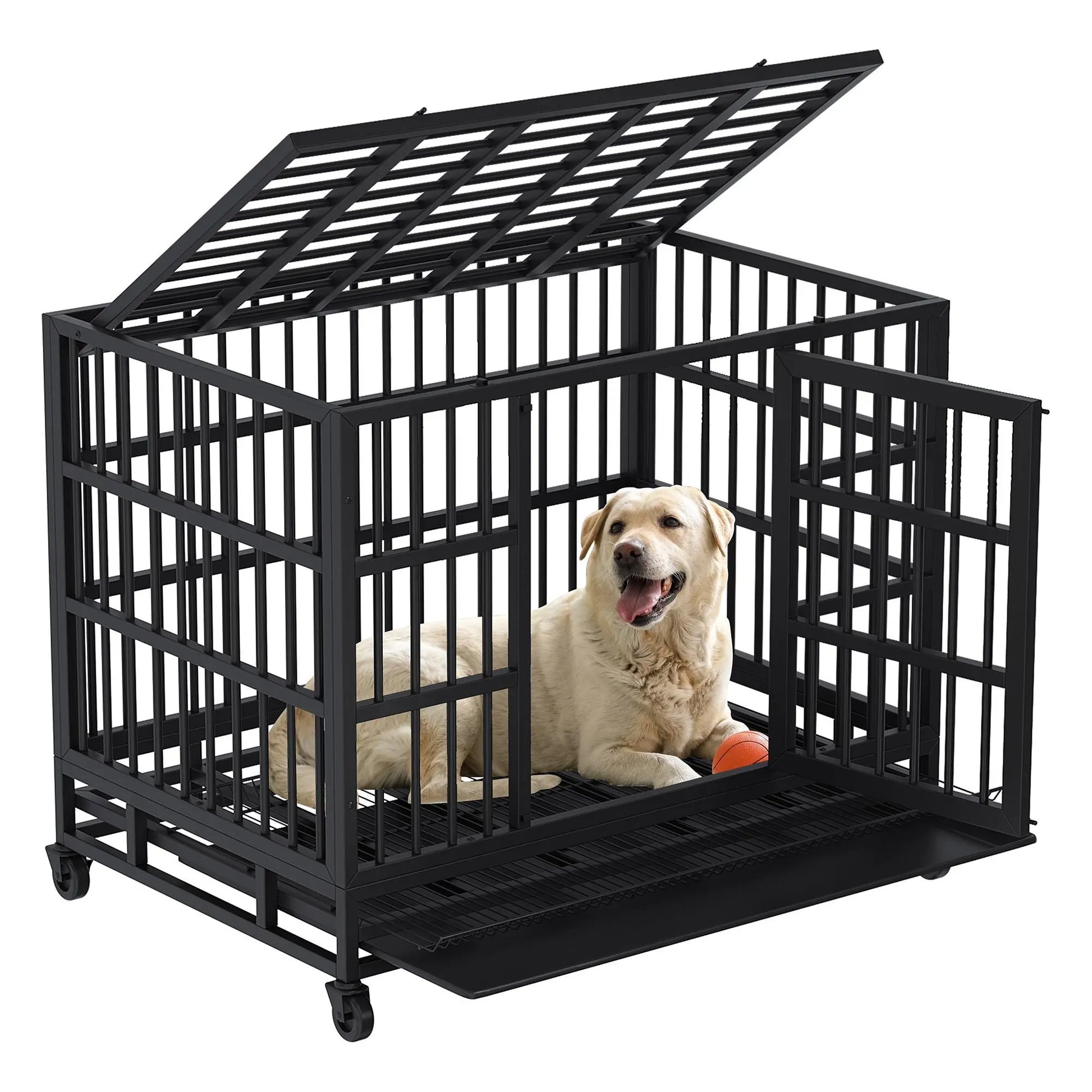 Walsunny 37/47 Inch Heavy Duty Steel Dog Crate for Large Dogs with Lockable Wheels and Double Door Design, Escape Proof, Indestructible, Black Enclosure