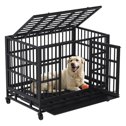 Walsunny 37/47 Inch Heavy Duty Steel Dog Crate for Large Dogs with Lockable Wheels and Double Door Design, Escape Proof, Indestructible, Black Enclosure