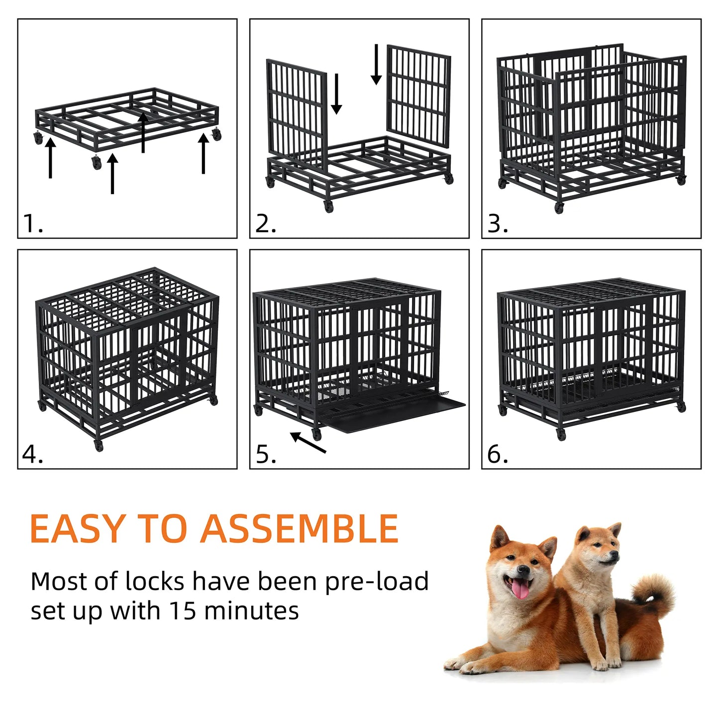 Walsunny 37/47 Inch Heavy Duty Steel Dog Crate for Large Dogs with Lockable Wheels and Double Door Design, Escape Proof, Indestructible, Black Enclosure