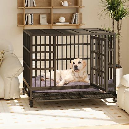 Walsunny 37/47 Inch Heavy Duty Steel Dog Crate for Large Dogs with Lockable Wheels and Double Door Design, Escape Proof, Indestructible, Black Enclosure