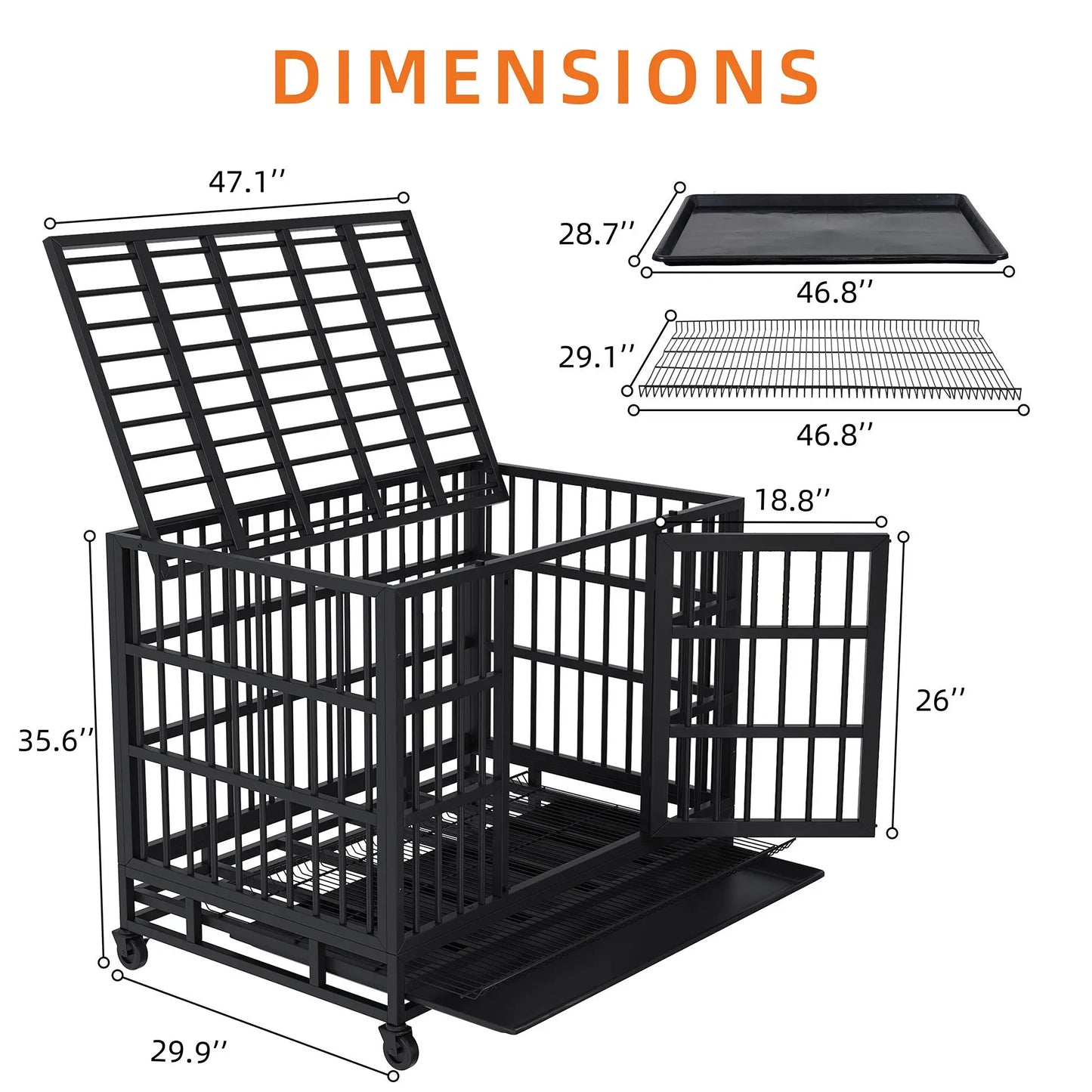 Walsunny 37/47 Inch Heavy Duty Steel Dog Crate for Large Dogs with Lockable Wheels and Double Door Design, Escape Proof, Indestructible, Black Enclosure