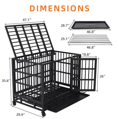 Walsunny 37/47 Inch Heavy Duty Steel Dog Crate for Large Dogs with Lockable Wheels and Double Door Design, Escape Proof, Indestructible, Black Enclosure