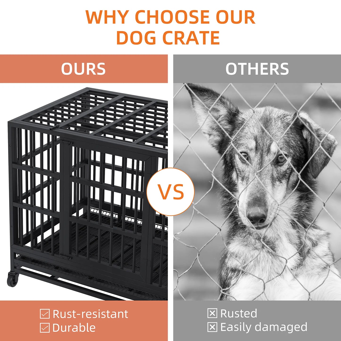 Walsunny 37/47 Inch Heavy Duty Steel Dog Crate for Large Dogs with Lockable Wheels and Double Door Design, Escape Proof, Indestructible, Black Enclosure