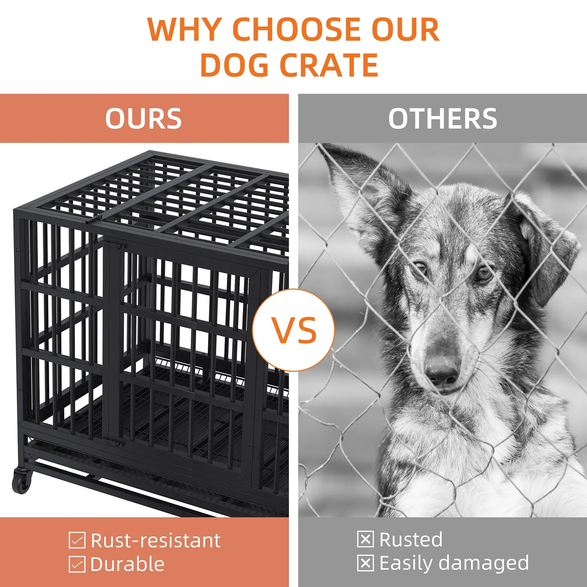 Walsunny 37/47 Inch Heavy Duty Steel Dog Crate for Large Dogs with Lockable Wheels and Double Door Design, Escape Proof, Indestructible, Black Enclosure