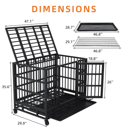 Walsunny 37/47 Inch Heavy Duty Steel Dog Crate for Large Dogs with Lockable Wheels and Double Door Design, Escape Proof, Indestructible, Black Enclosure